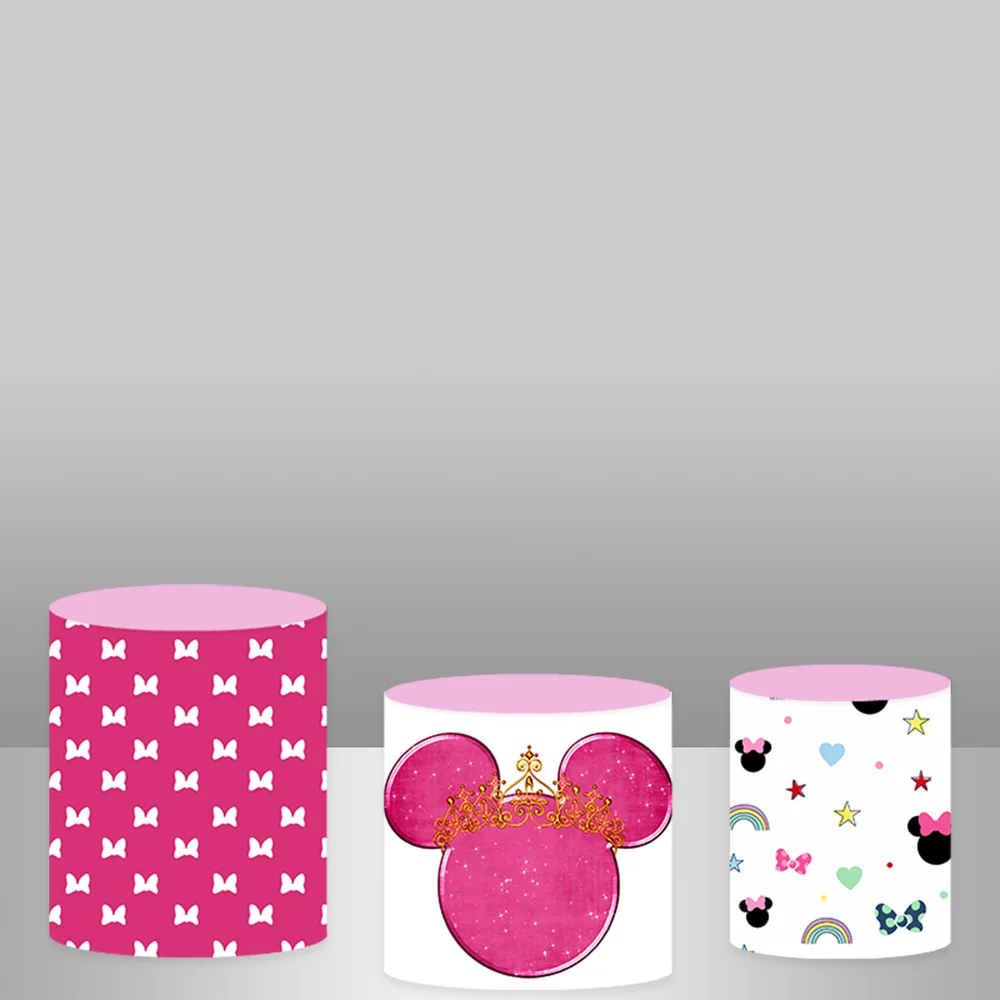 Baby Minnie Mouse Round Backdrop for Girl Birthday Party Decoration Hot Pink Dots Cylinder Covers Newborn Baby Shower Background