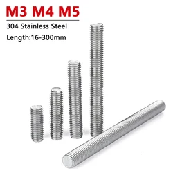 M3 M4 M5 304 Stainless Steel Fully Threaded Rod Bar Studs Full-Thread Wire Screw Rod Length 16 20 25 30 35 40 45 50 55 60-300mm