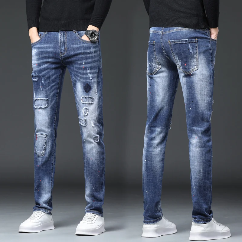 Men's distressed jeans men's new 2024 spring and autumn casual pants patch and slim fit denim skinny jeans men