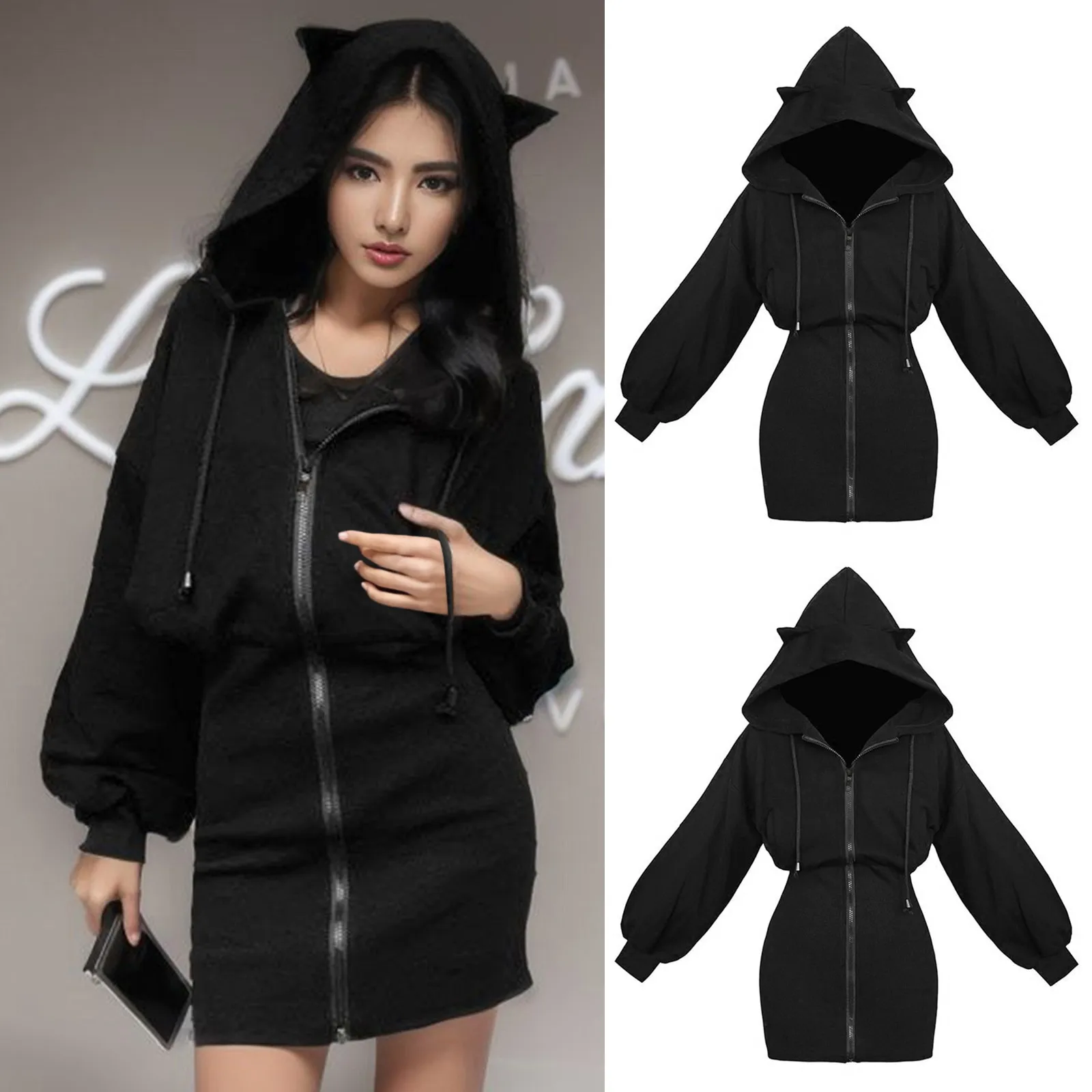 Vintage Hoodies Slim Fit Long Sleeve Dress Women Fashion Streetwear Zip Up Straight Pencil Mini Dress Black Punk Gothic Dresses