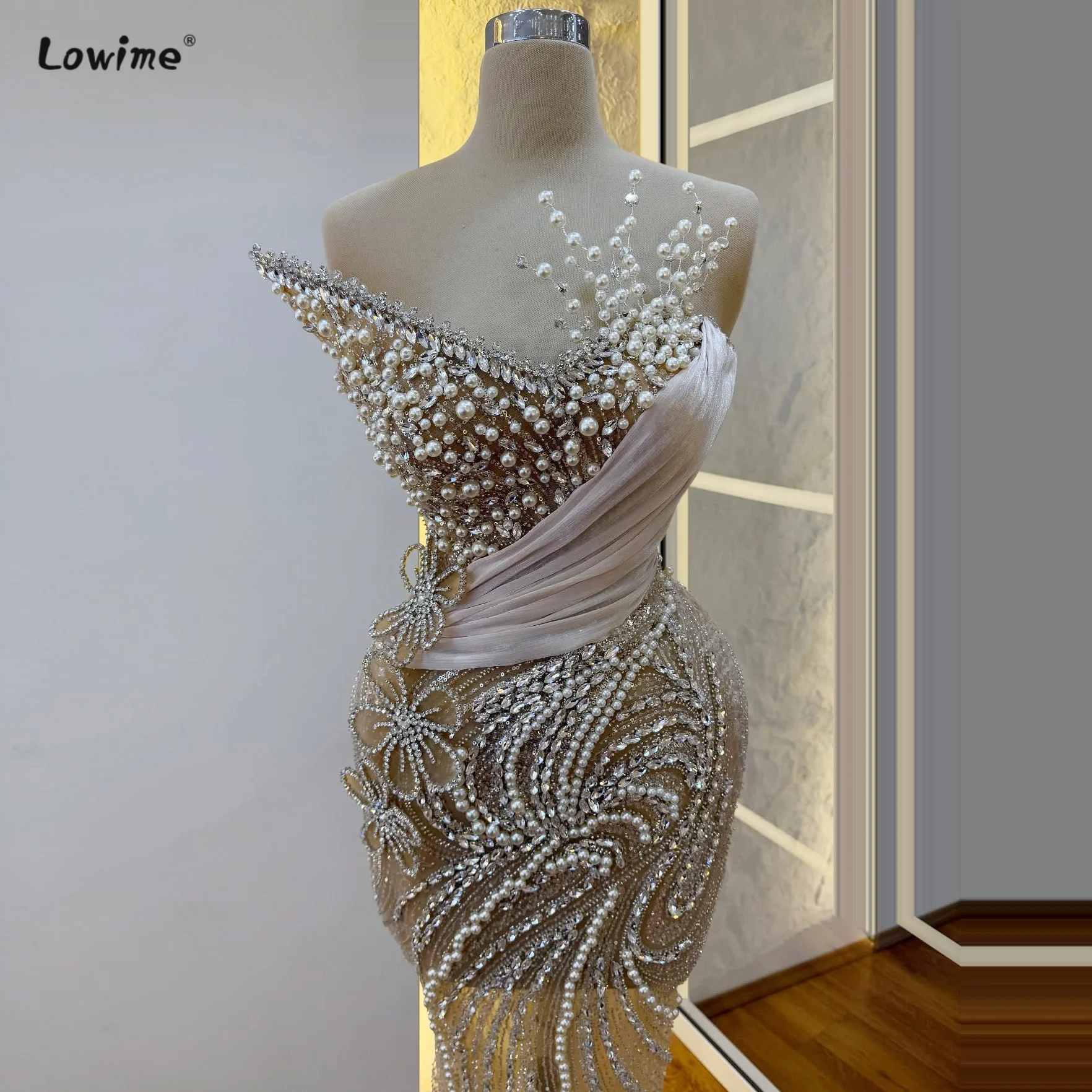 لؤلؤة الخامس الرقبة حورية البحر مساء اللباس كريستال زهرة تول تنورة الوهم مساء اللباس كوكتيل حزب اللباس الزفاف فستان الضيوف