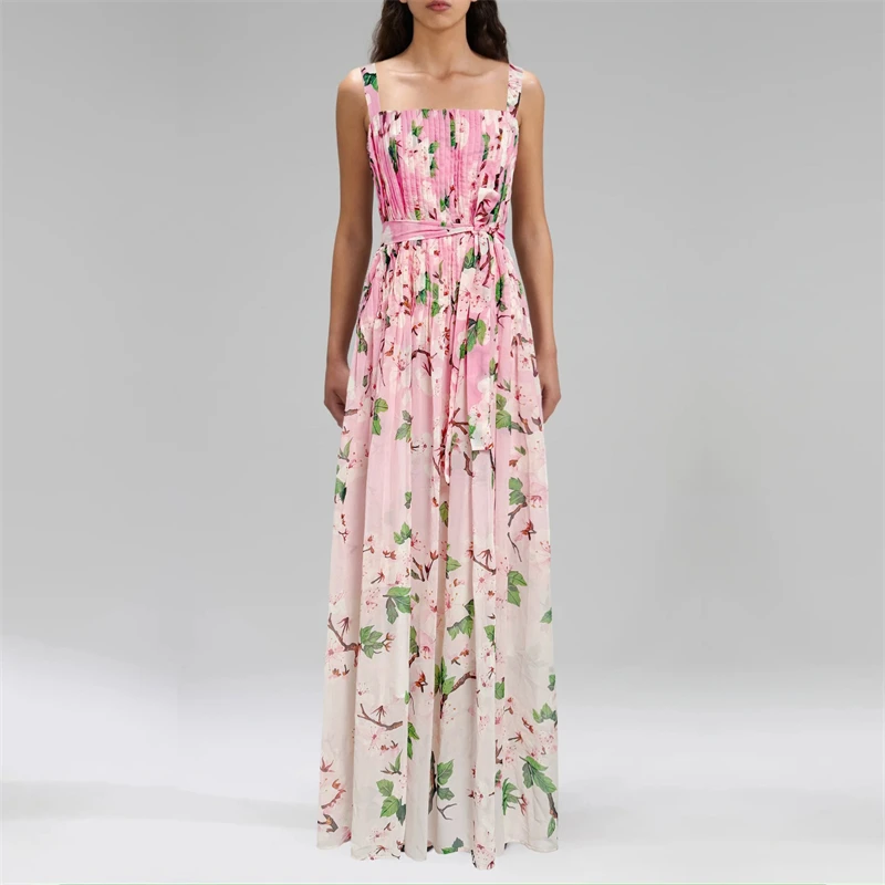 Abito lungo con cinturino pieghettato stampato dolce e fresco delle nuove donne primavera ed estate y2k abito lungo altalena in chiffon di alta qualità a vita alta