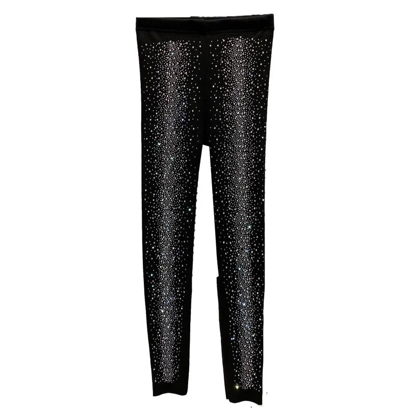 Mallas con degradado de diamantes de imitación para mujer, pantalones de lápiz delgados, elásticos, de terciopelo grueso, de cintura alta, color negro