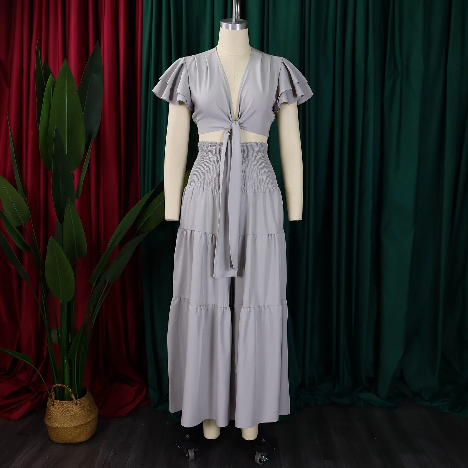 Elegant Ladies 2 Pieces Skirts Sets Clothes for Women Blouse Deep V Neck Ruffles Sleeve & Long Skirts Floor Length Birthday Set