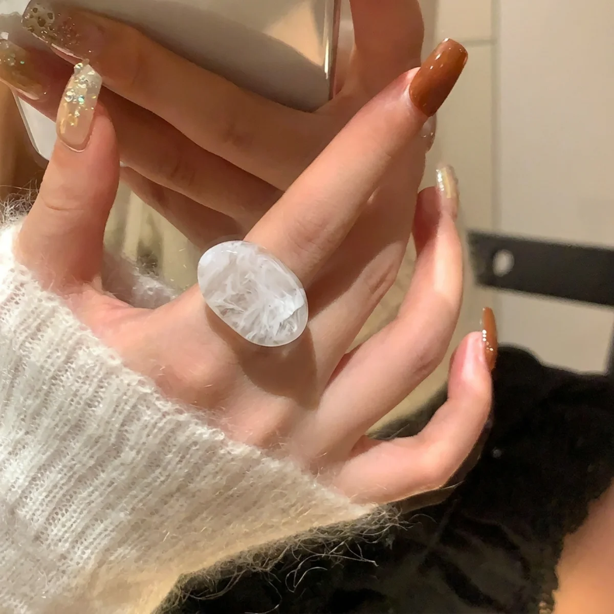 Y2K Retro Transparent White Gold Ingot Shaped Women's Resin Ring 1-Piece Set