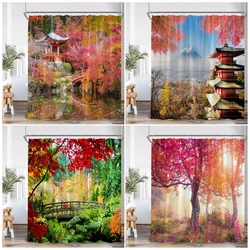 Autumn Landscape Shower Curtains Red Maple Trees Pavilion Arch Bridge Park Nature Scenery Home Bathroom Decor Bath Curtain Set