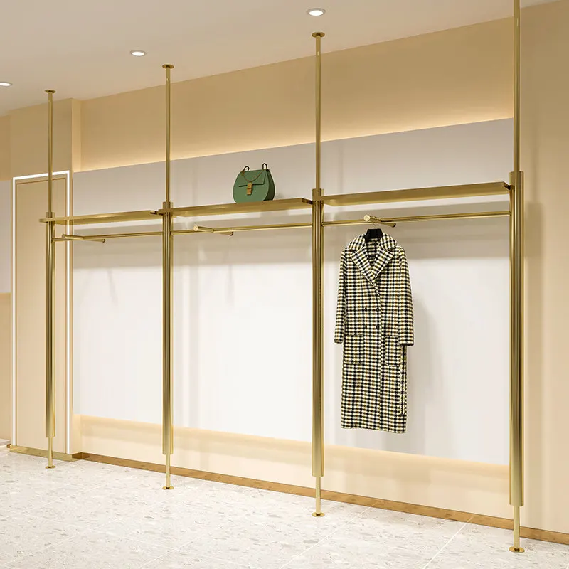 Clothing store display rack Wall wall hanging Heaven and Earth column Stainless steel titanium hanging clothes rack Women's