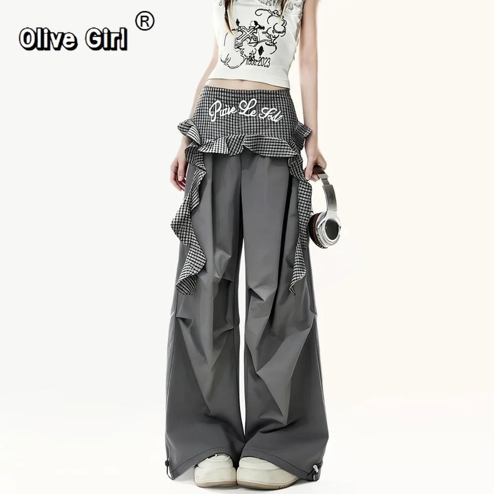 Olivegirl Grey Pleated Loose Casual Pants Women's Trousers Summer Checkered Waist Spliced Wide Leg Floor Pants Autumn