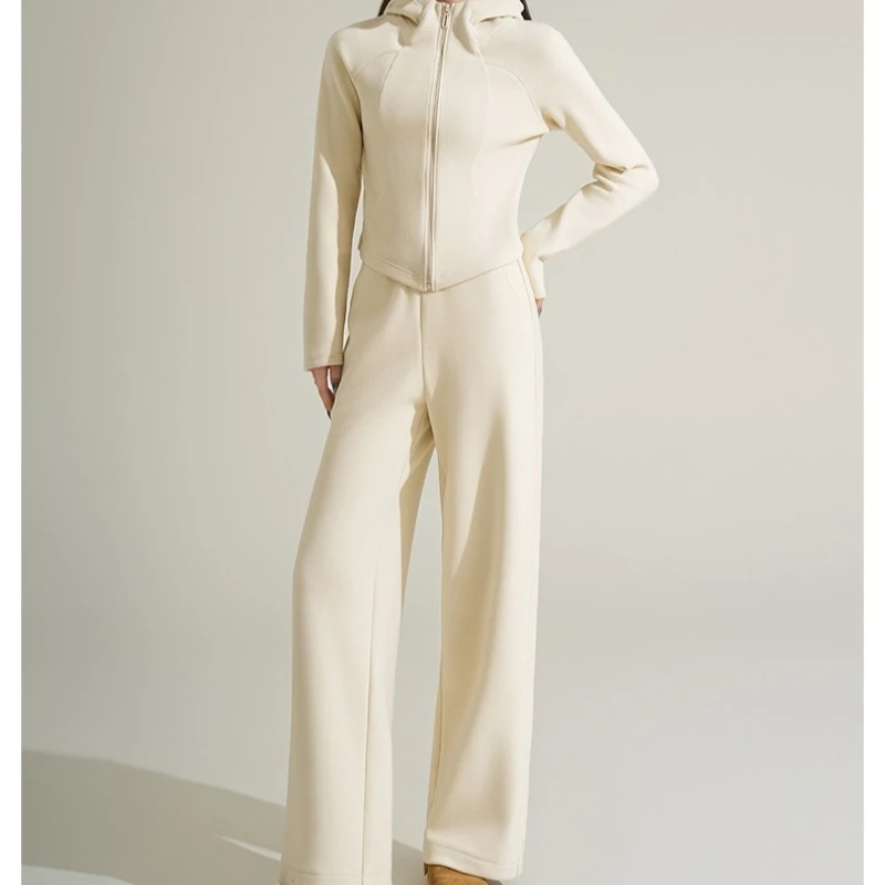 

Women Pant Set Two Piece Sets Hooded Zipper Full Sleeve Coats Wide Leg Long Pants Work Elastic Waist Y2k Streetwear Autumn
