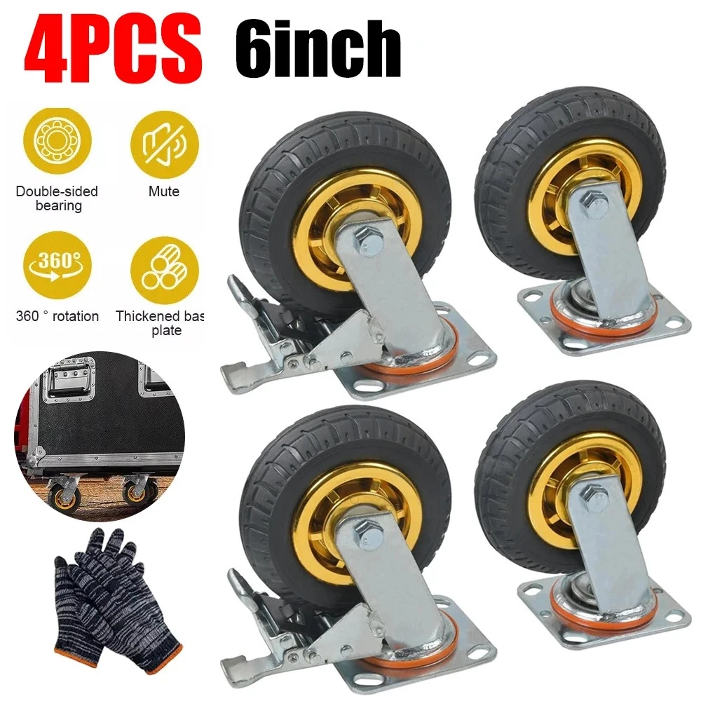 Set di 4 Ruote Girevoli Resistenti da 6 Pollici con Doppio Freno e Piastra Spessa 5mm per Camper e Barche