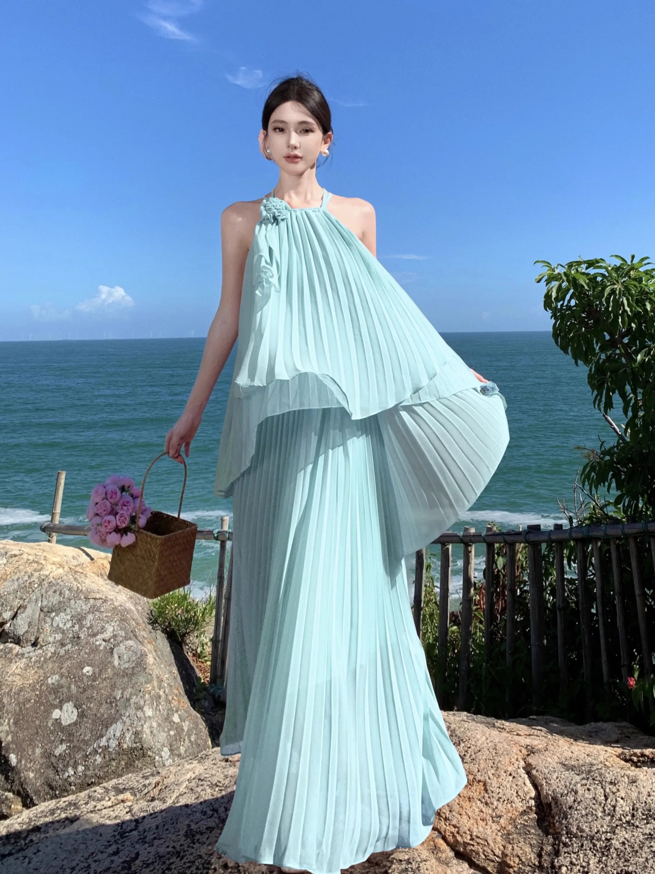 

Комплект для пляжного отдыха: длинная плиссированная юбка в сказочном стиле и топ для фотосессий на острове, женский комплект из двух предметов