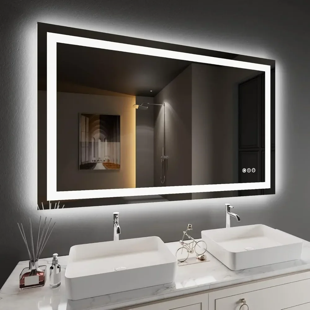 Bathroom Mirror 48''x 30'' with Front and Backlit, Stepless Dimmable Wall Mirrors with Anti-Fog Shatter-Proof, LED Vanity Mirror