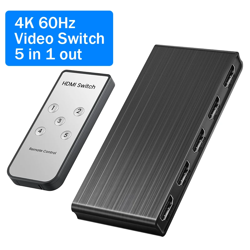 

4K@60Hz HDMI Switch 5 in 1 Out HDMI Switcher 3x1 5x1 Video Selector Box Hub with Remote HDCP2.0 UHD 3D for PS4 Laptop TV Monitor