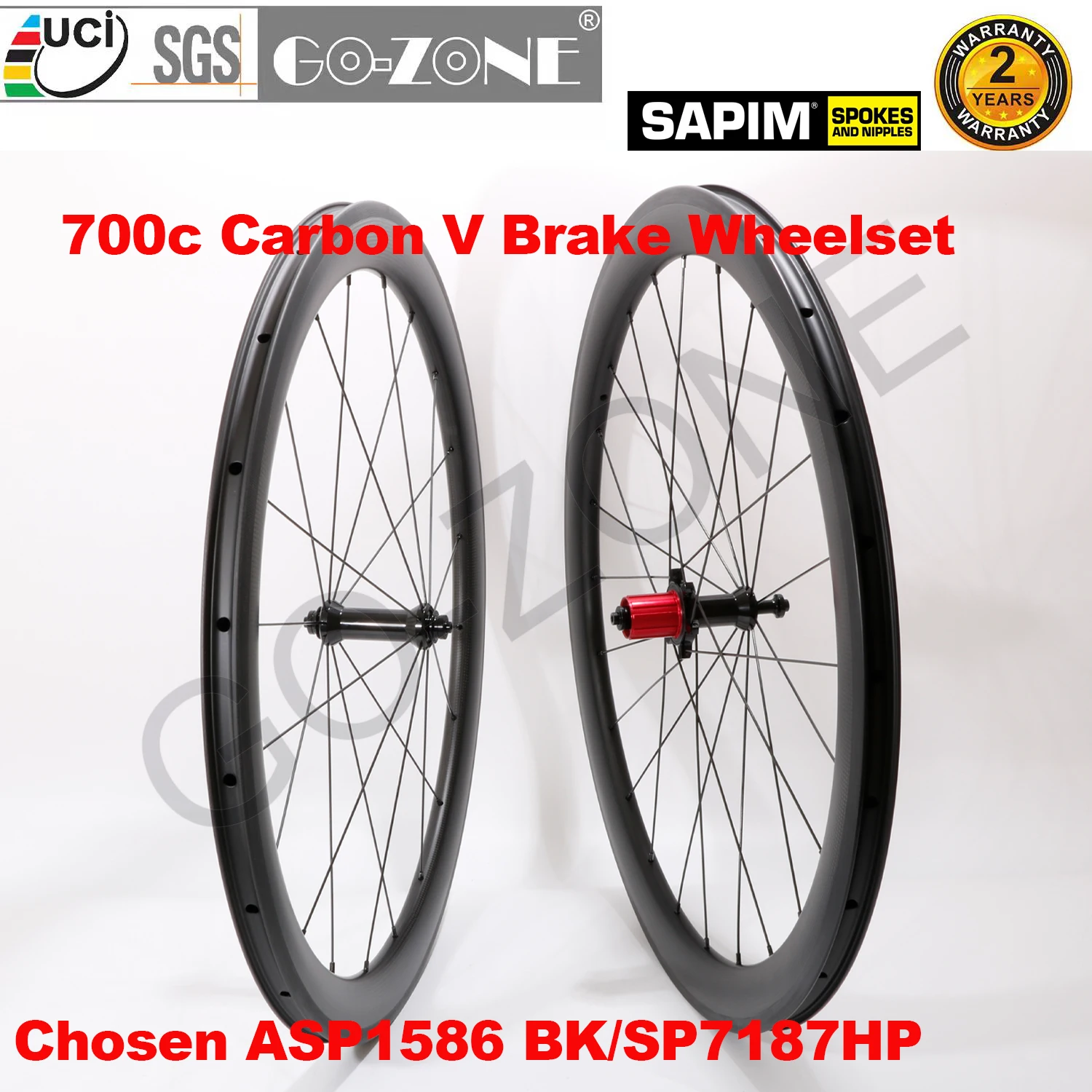 Carbon 700c Wheelset Clincher Tubeless 26mm High TG ChosenASP1586 BK/SP7187HP Sapim Front 100mm/Rear 130mm Road Rim Brake Wheels