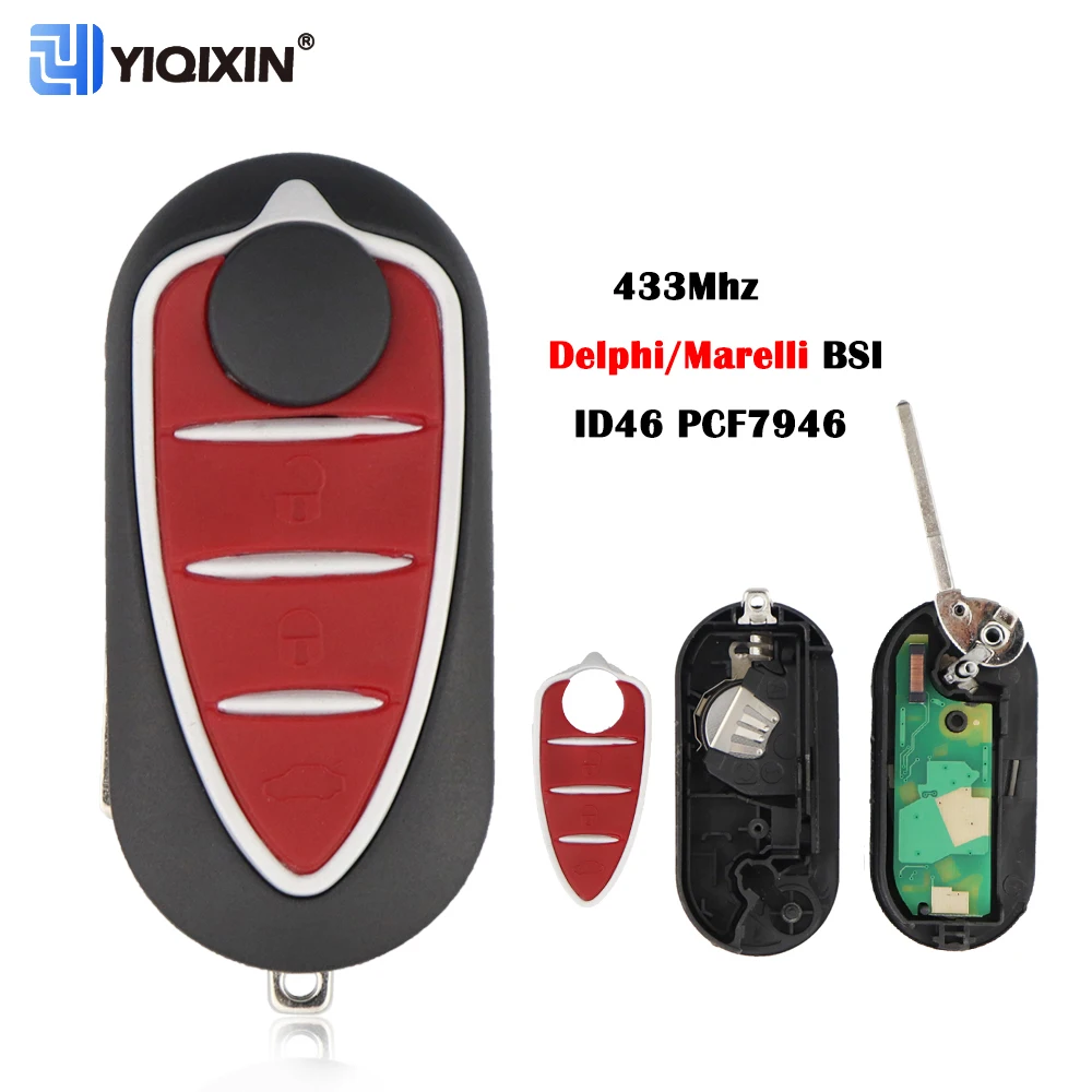 YIQIXIN 3 Button Flip Remote For Alfa Romeo Mito GTA 2008-2015 Giulietta 2010-2016 433Mhz Delphi/Marelli Auto Fob ID46 PCF7946