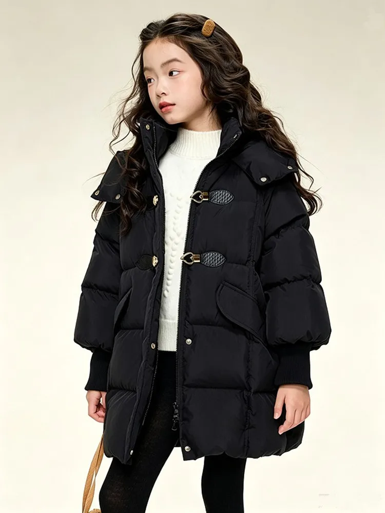 Mädchen Winter Daunenjacke 90% Weiße Entendaunen Mittellange Kapuzenparka Kinder Mädchen Warme Oberbekleidung Winddichter Kindermantel 5-14 Jahre – Detail 7