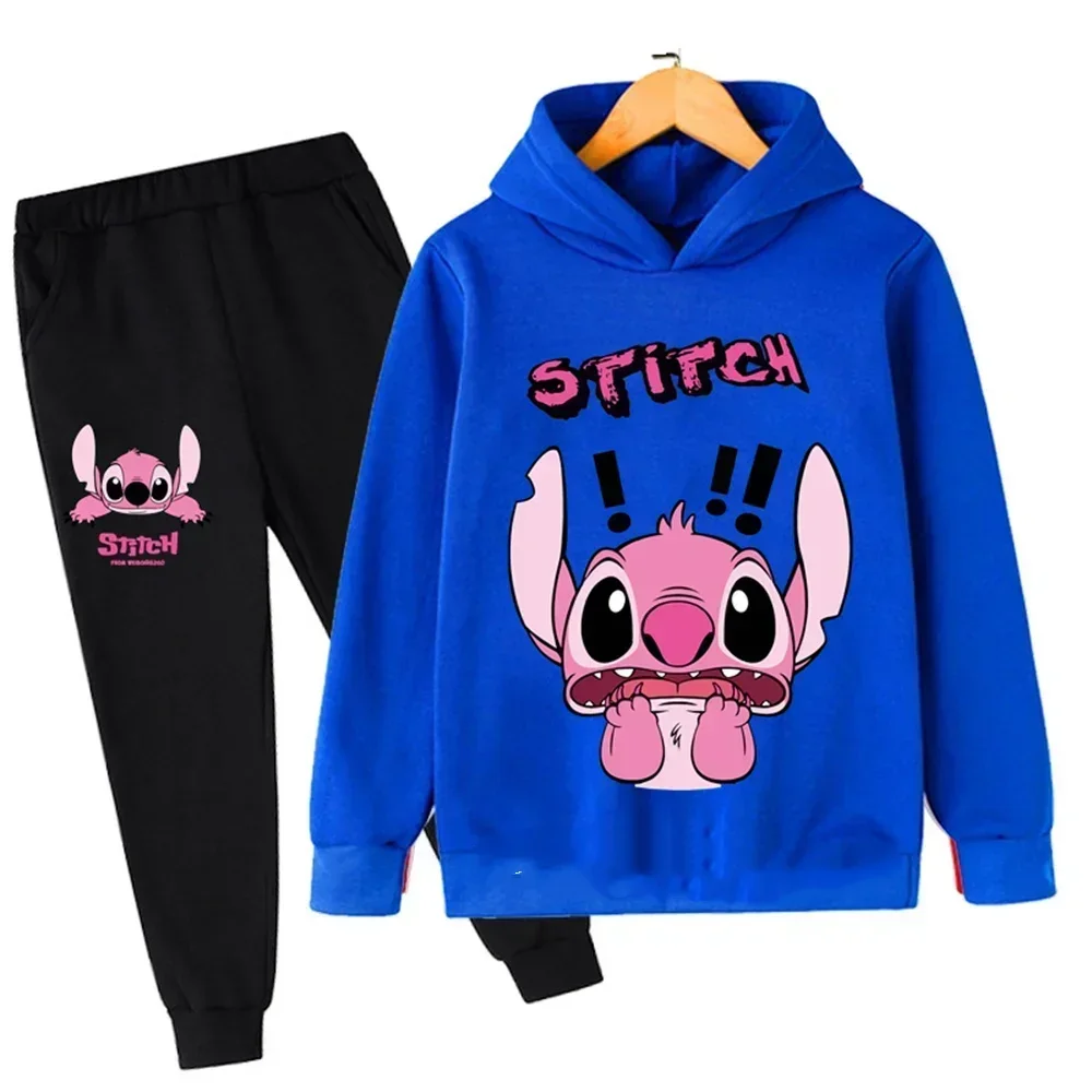 Disney Stitch Hoodie Set Kids Long Sleeves Outfits 3-14 Years Children's Sets Baby Boys Casual Tracksuit Hoodie + Pants Sets