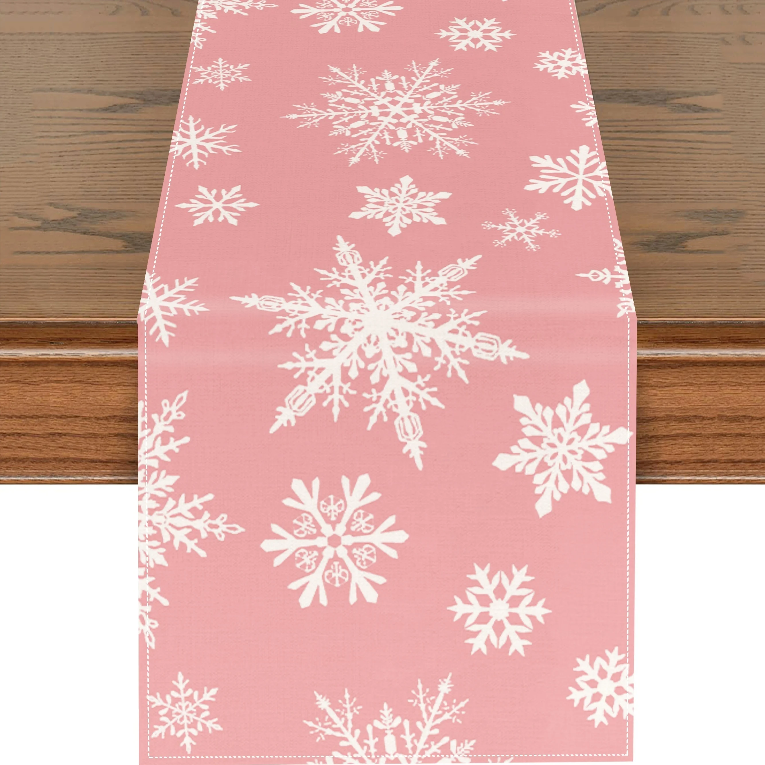 1pc White Snowflakes Pink Table Runner Winter Christmas Holidays Kitchen Table Decoration Indoor Outdoor Home Party Decoration
