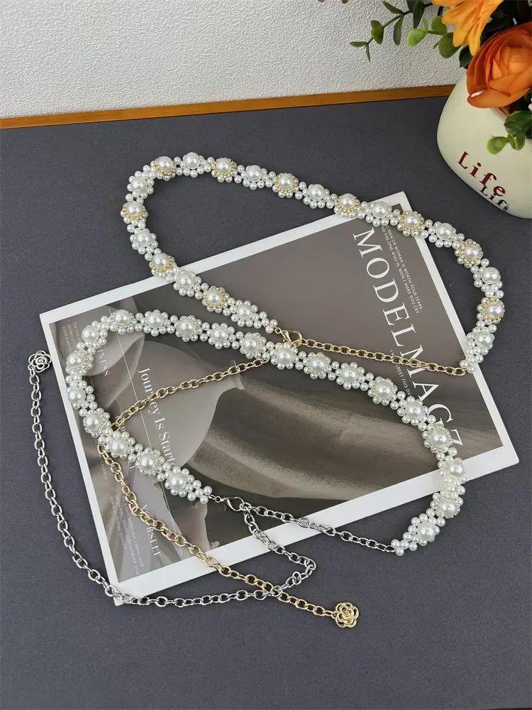 Elegant Hand-woven Plastic Pearls Waist Chain for Women Spring Summer Dress Shirt Belly Chain Girls Flower Pearls Cinturon Mujer
