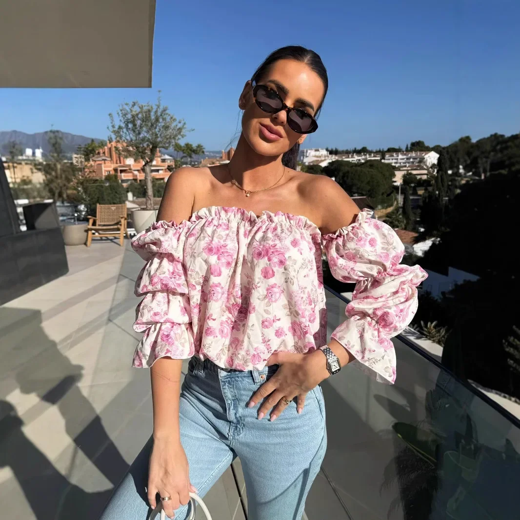 Floral Print Sexy Off-Shoulder Shirts Women Elegant Fashion Pleated Beach Summer Blouses For Women Slash Neck Ruffles Tops