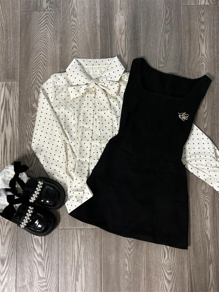 Autumn Korean Fashion Slim 2-piece Set Women Design Elegant Long Sleeve Polka Dot Bow Tops + Solid Thin Braces Dress Female New