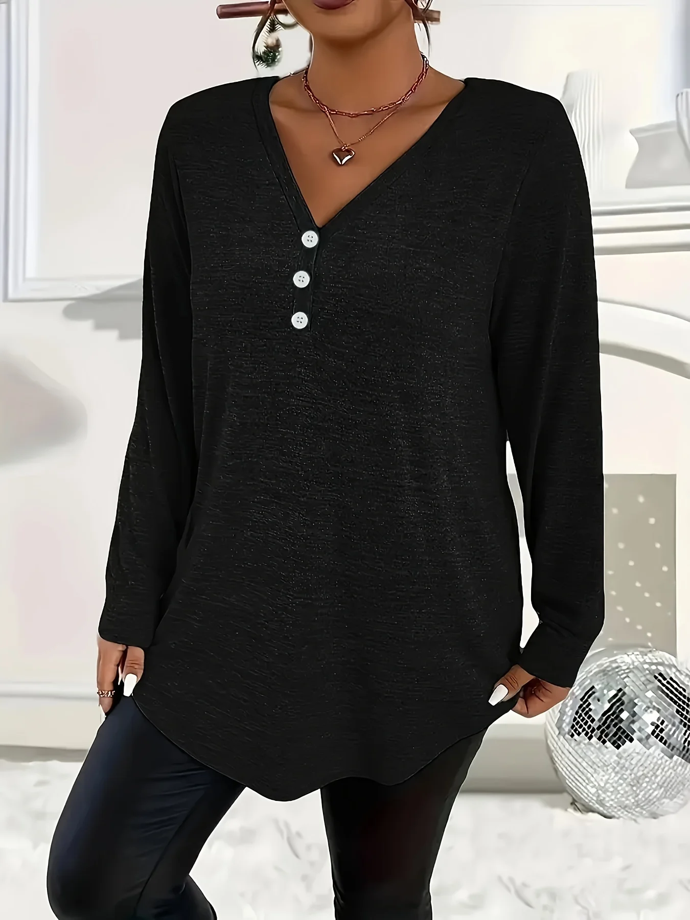 Plus Size Women Long Sleeve T Shirt V Neck Henley Button Casual Loose Curved Hem Tunic Top Fall Daily Wear Tees