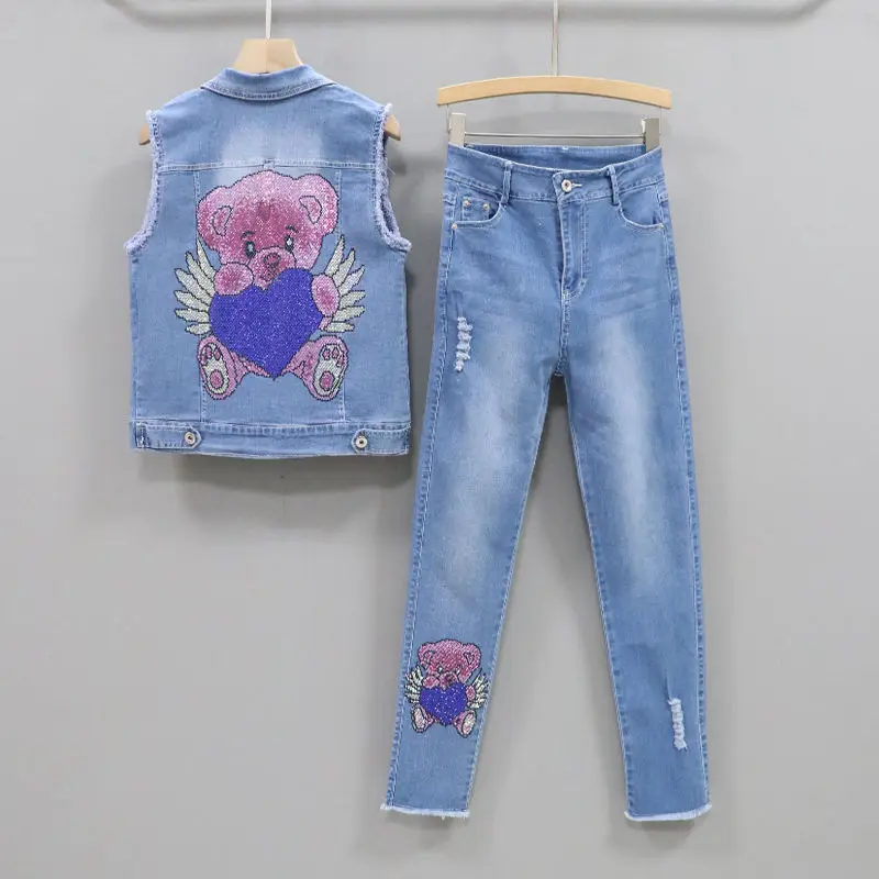 

Women Fashion Spring Summer Denim Pants Sets Hot Drilling Bear Denim Jacket Vest + Ripped Jeans 2-piece Suit