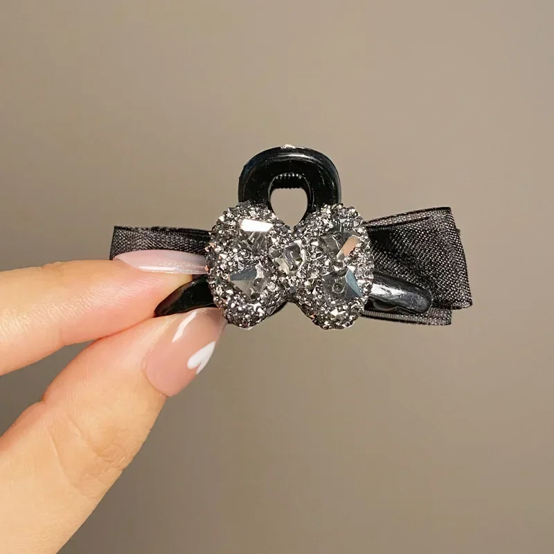 Rhinestone Bow Small Hair Claw Clamp Sweet Princess Black Bow Hair Claw Clip Headwear Girls Women Girl Korean Hair Styling Tools