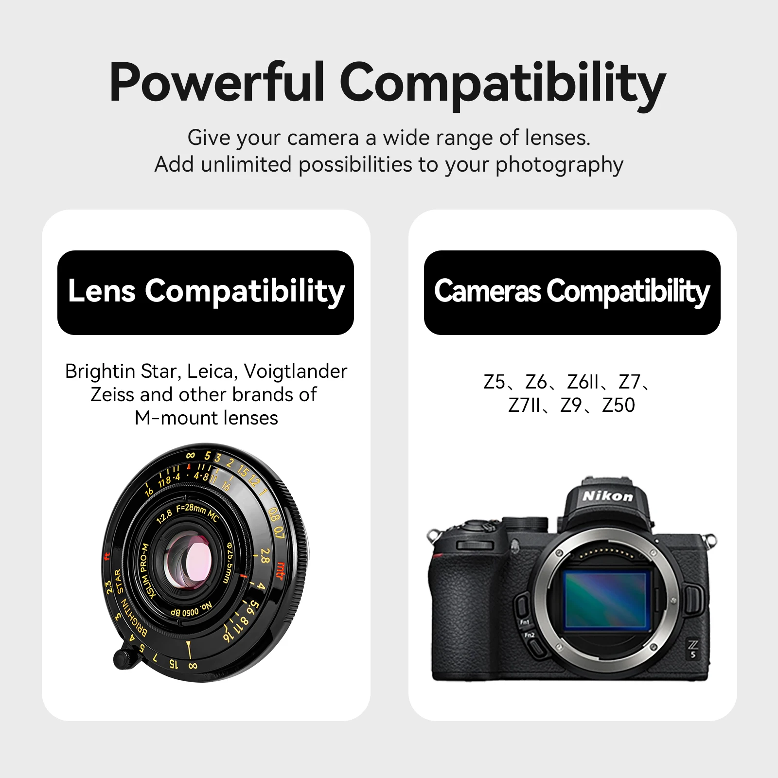 Адаптер для объектива камеры Brightin Star LM-Z для адаптера объектива Leica M для беззеркальных камер Nikon Z Mount Z5 Z6 Z62 Z7 Z72 Z9 Z50