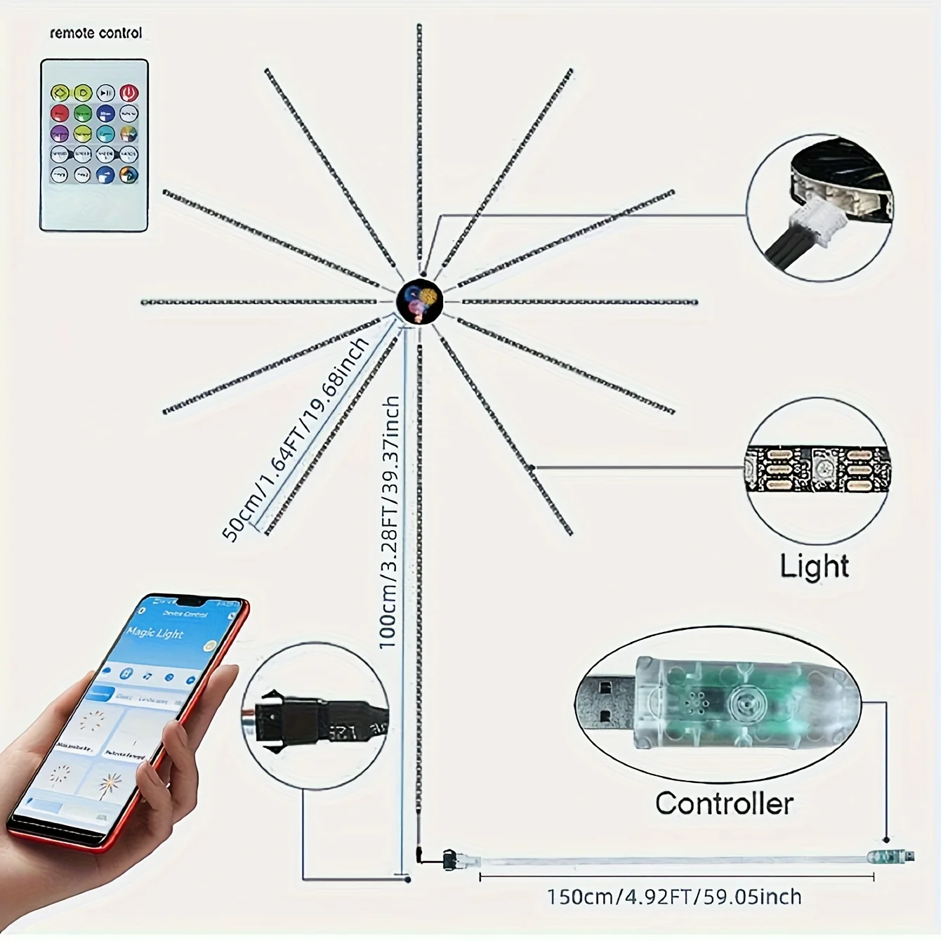 APP Smart Control IC LED RGB Firework Light 10pc*50cm+1pc 1m USB Power Music Synch 180 LED Light For Wall Christmas Decoration