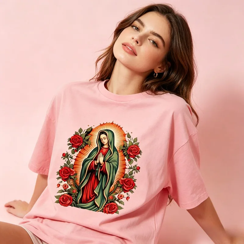 Our Lady Of Guadalupe Shirt Red Rose Virgin Mary Graphic T‑Shirt 100% Cotton Women Crewneck Tee Vintage Print for Daily
