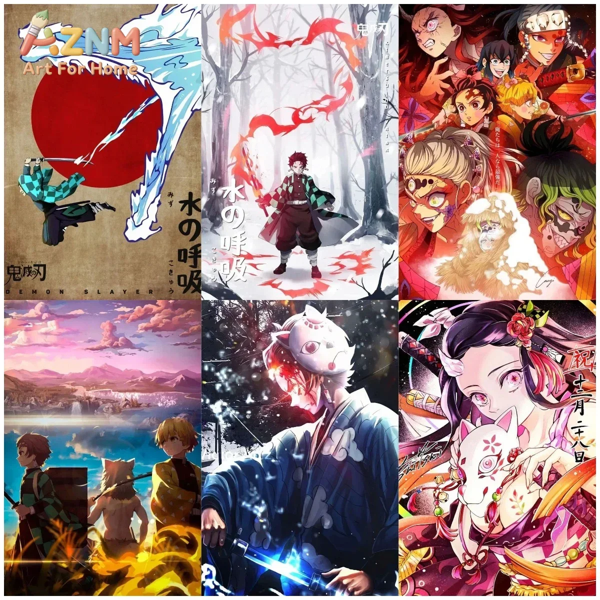 AZNM Demon Slayer Water Breathing Theme Anime Canvas Wall Art Frameless Print Poster for Home Bedroom Living Room Wall Decor