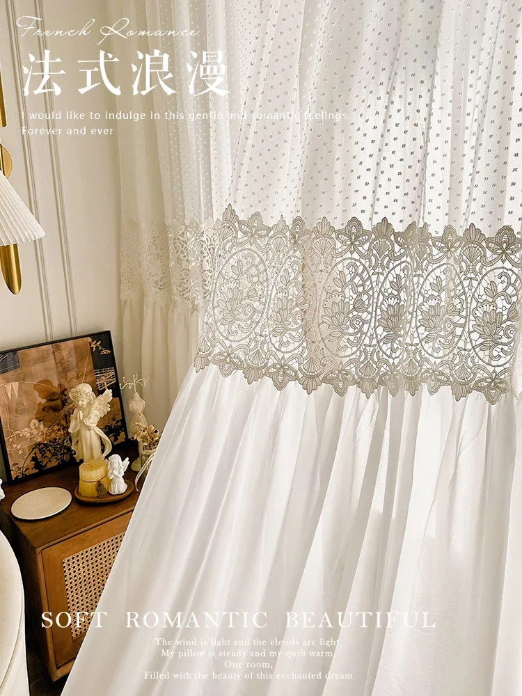 French White Lace Splicing Chiffon Screen Curtains for Living Room Partition Bedroom Balcony French Window Customized Tulle