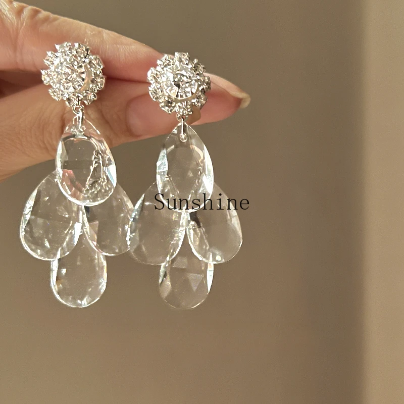 Super fairy French retro transparent water drop zircon earrings