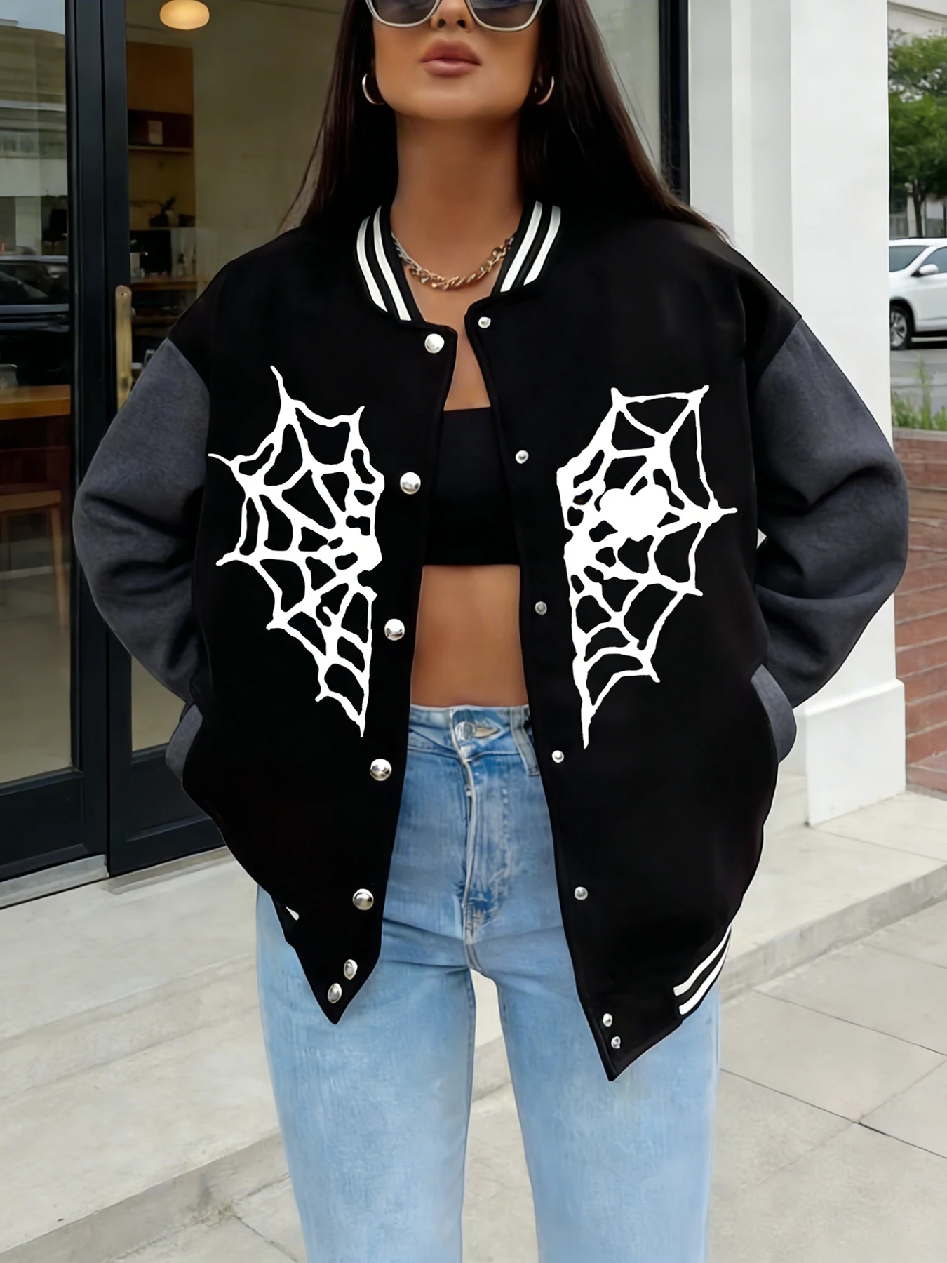 Oversized Varsity Jacket Women White Spider Web Print Casual Fashion Baseball Coat Street Style Outerwear Warm Freece Clothing