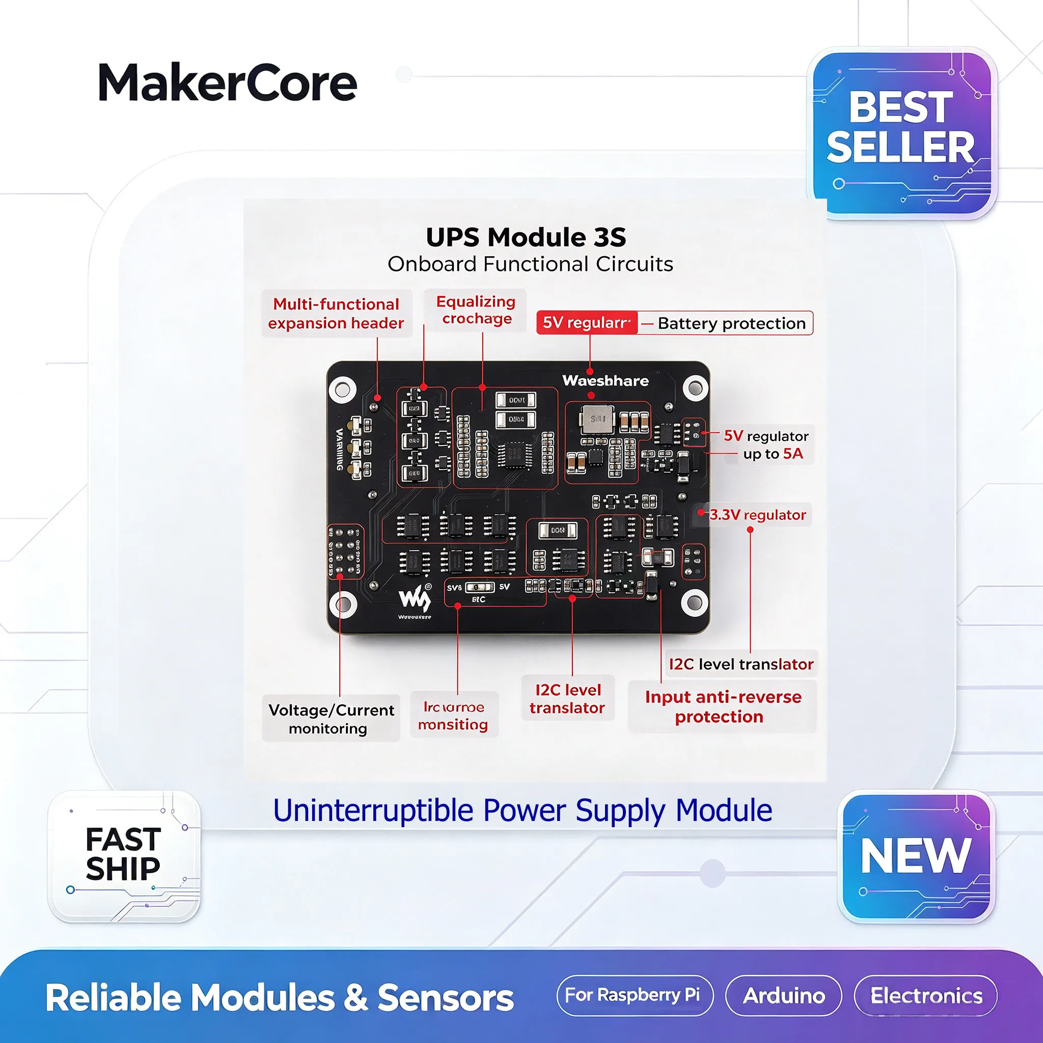 Waveshare 3S UPS HAT 18650 Battery 5V 5A Power Backup Module I2C For Raspberry Pi 5 4B Jetson Nano Mobile Robot Industrial Contr