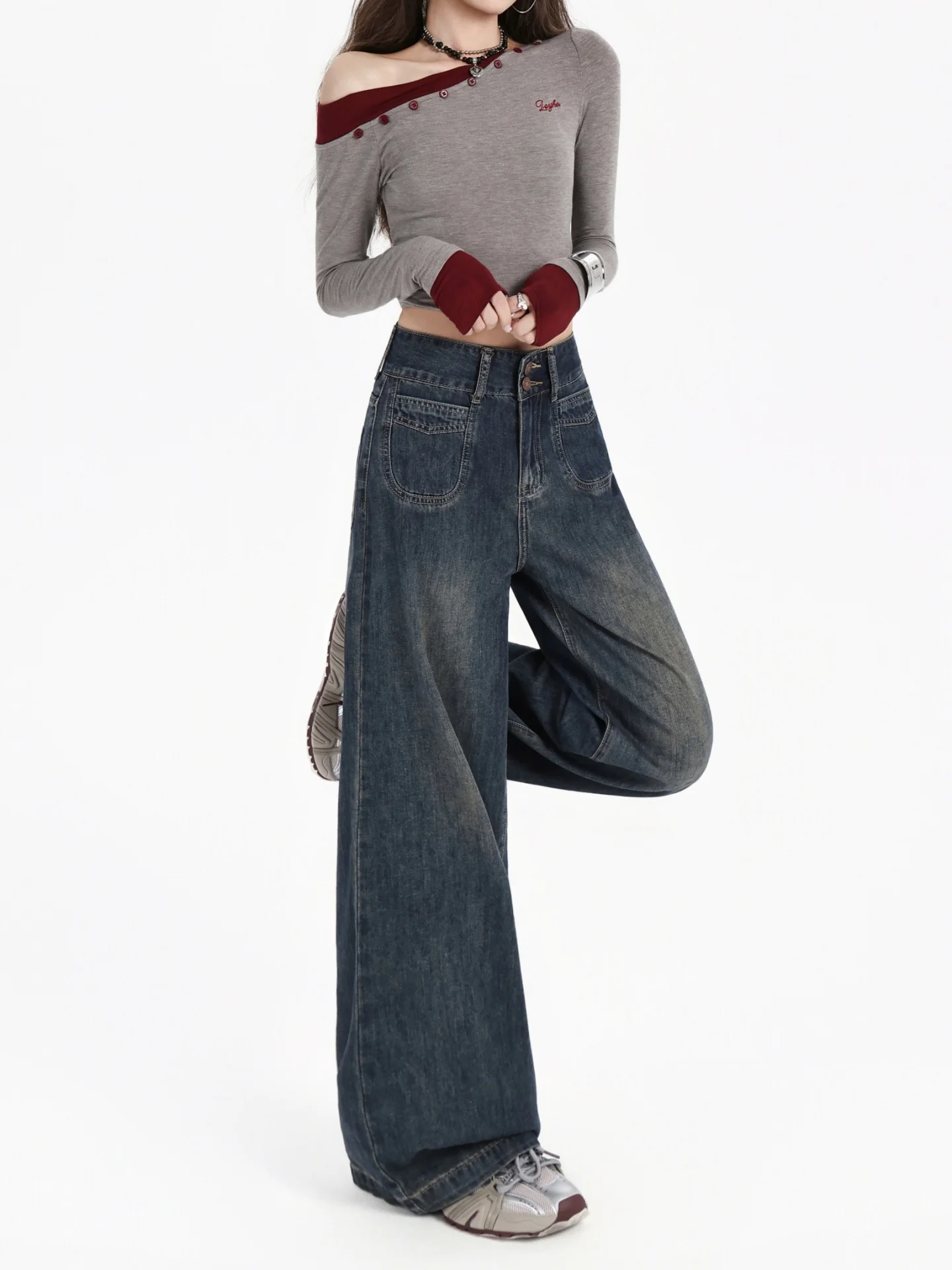 حجم كبير Fce اصطف ثي الدينيم الجينز المرأة الخريف الشتاء عالية الخصر بنطال ذو قصة أرجل واسعة التخسيس فضفاضة تناسب الأمريكية Sle #5