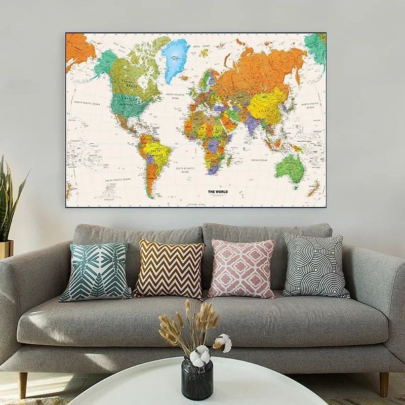 O mapa físico mundial em inglês, 225*150cm, arte de parede, cartaz de ensino, decoração, mapa, sala de estar, material escolar para casa