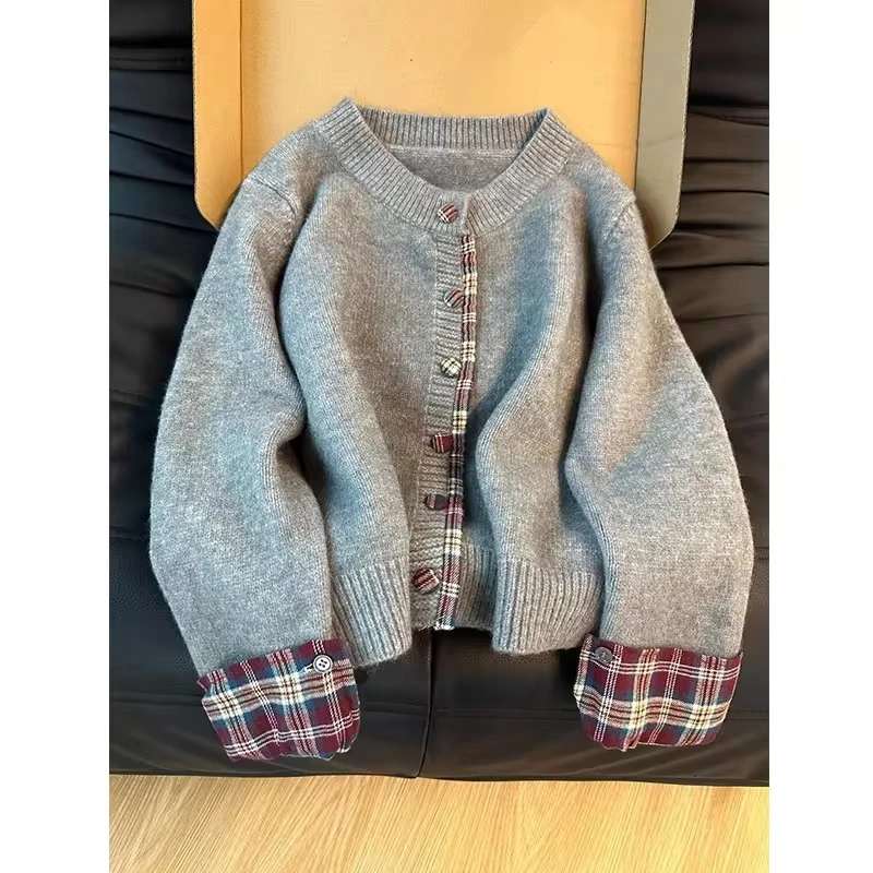 2025 Autumn Holiday Two-piece Knitted Patchwork Check Women's Cardigan Sweater Women's Outerwear with A Girly Preppy Style