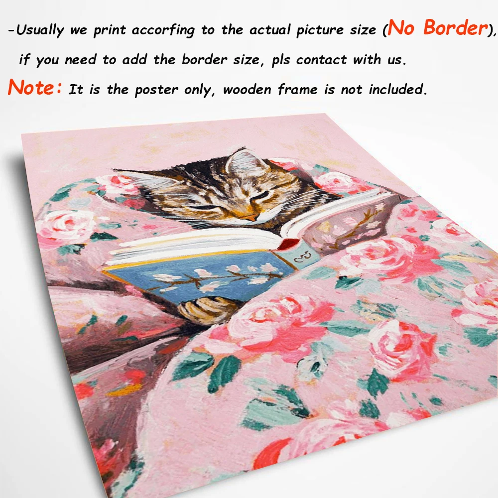 Funny Tabby Cat Reading Books Art Poster Vintage Cute Animals Wall Canvas Painting Book Lover Pet Gift Decoration Pictures Print