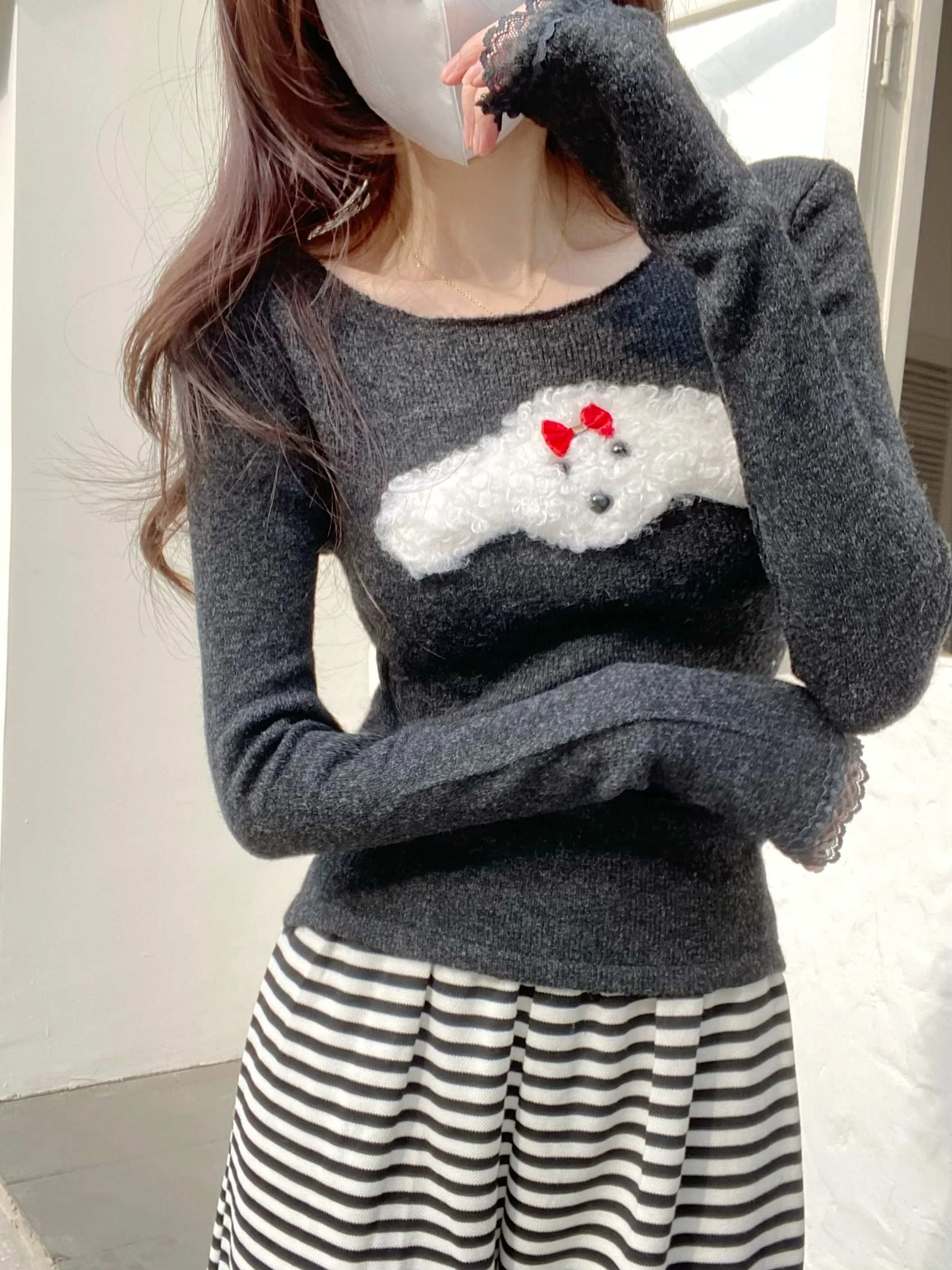 

Cute Little Dog Long Sve Knitted Sweater Women's Faion New Spring Youthful Lace Splicing Inner Wear Trendy Top
