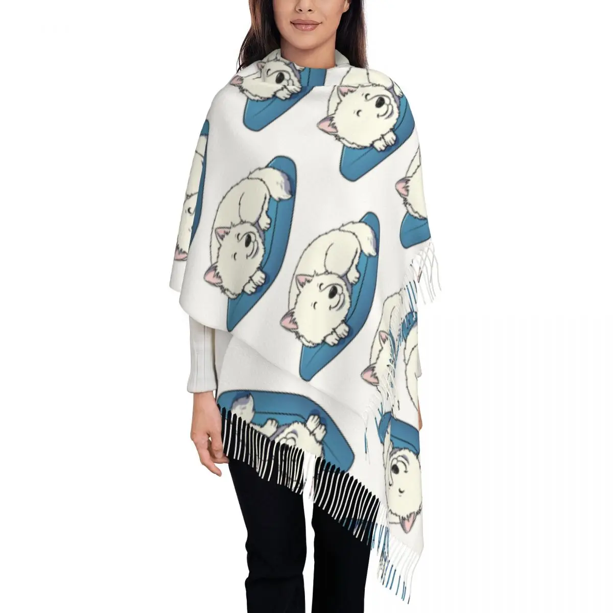 

Samoyed Sleeping Dog Scarf Tassel Scarves Women Soft Warm Shawls and Wraps Long Fall Winter Shawl Wrap