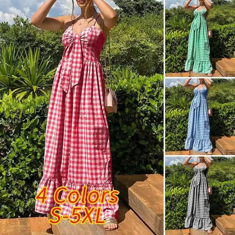 

Plus Size 3XS-10XL 2024 Women's Plaid Dress Summer Long Sexy V-neck Ruffled Pleated Beach Dresses Vestidos Femininos 9XL 8XL