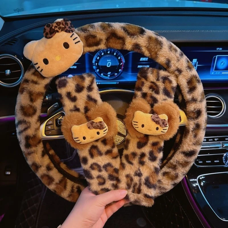 

Sanrio Hello Kitty Cute Car Steering Wheel Cover Seat Belt Cover Winter Plush Insulation Anti Slip 2025 New Decoration