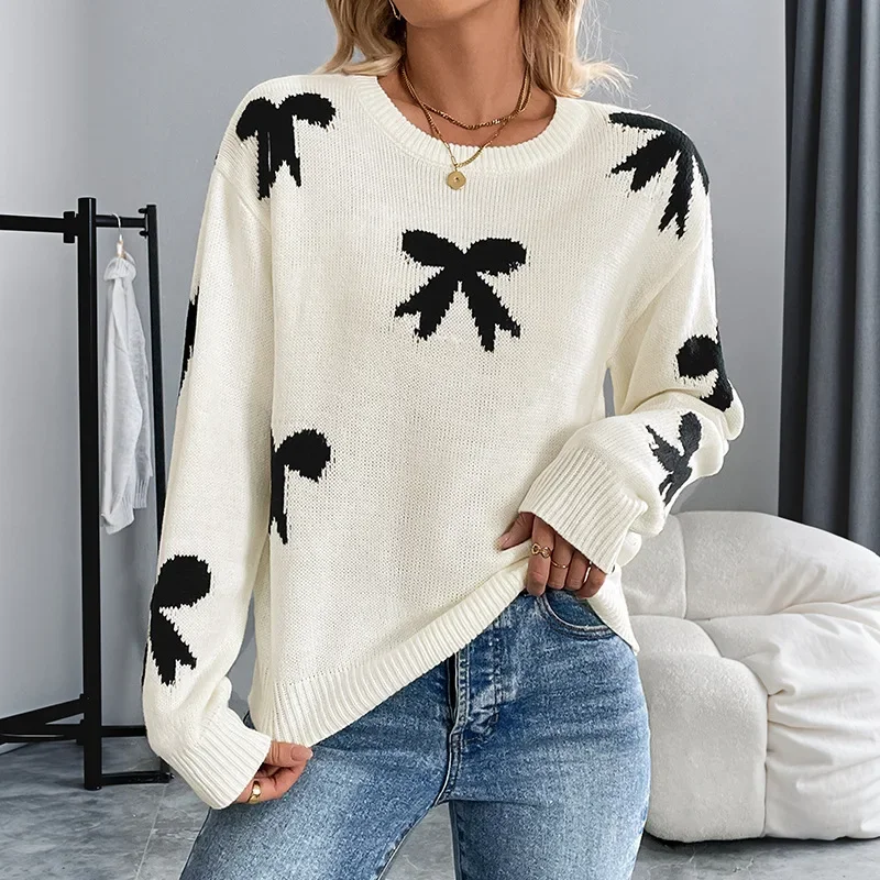 Autumn Winter 2025 Women Pullovers Sweaters Tops Round Neck Full Sleeve Jumpers Y2k Streetwear Elegant Splice Knit Print Work