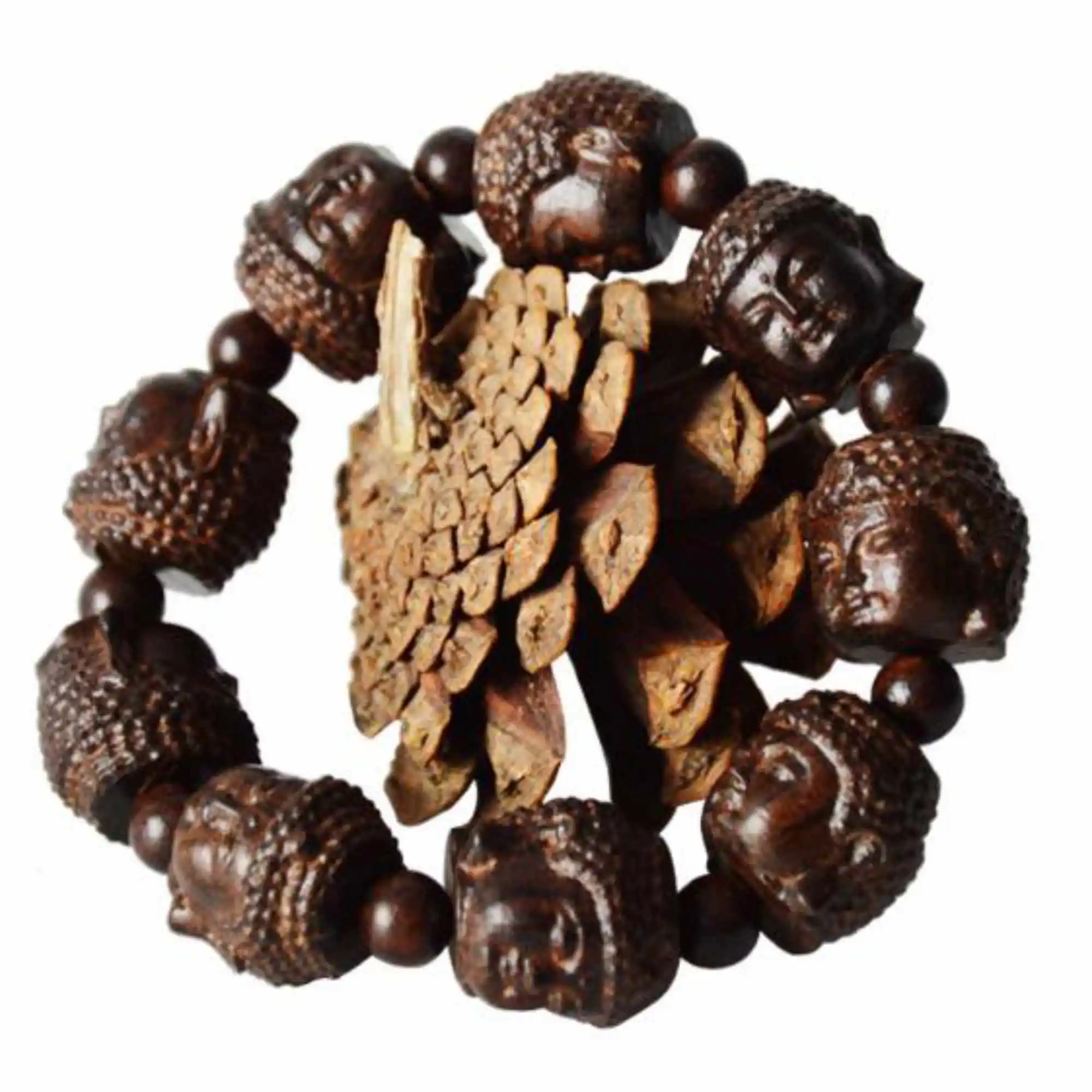 Fragrant Agar wood Carved Gautama Buddha Head Buddhist Mala Bracelet Semi-Precious Stones Wrap Ethnic Wear Prayer