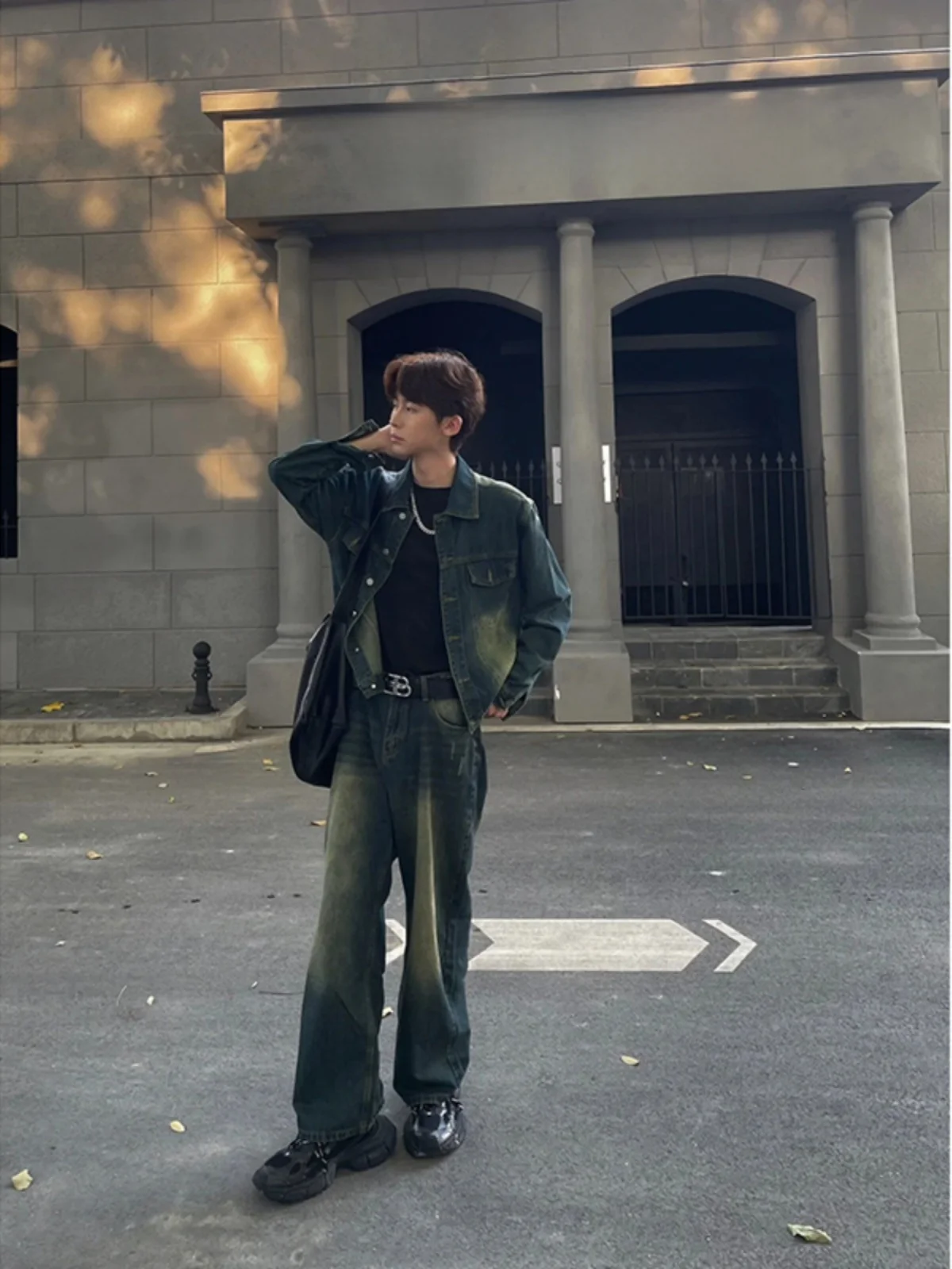 

Мужские джинсы American Sle Deep Blue, прямые, с легким расклешением, в стиле ретро, из смесового хлопка и полиэстера, молодежный тренд, осенняя одежда