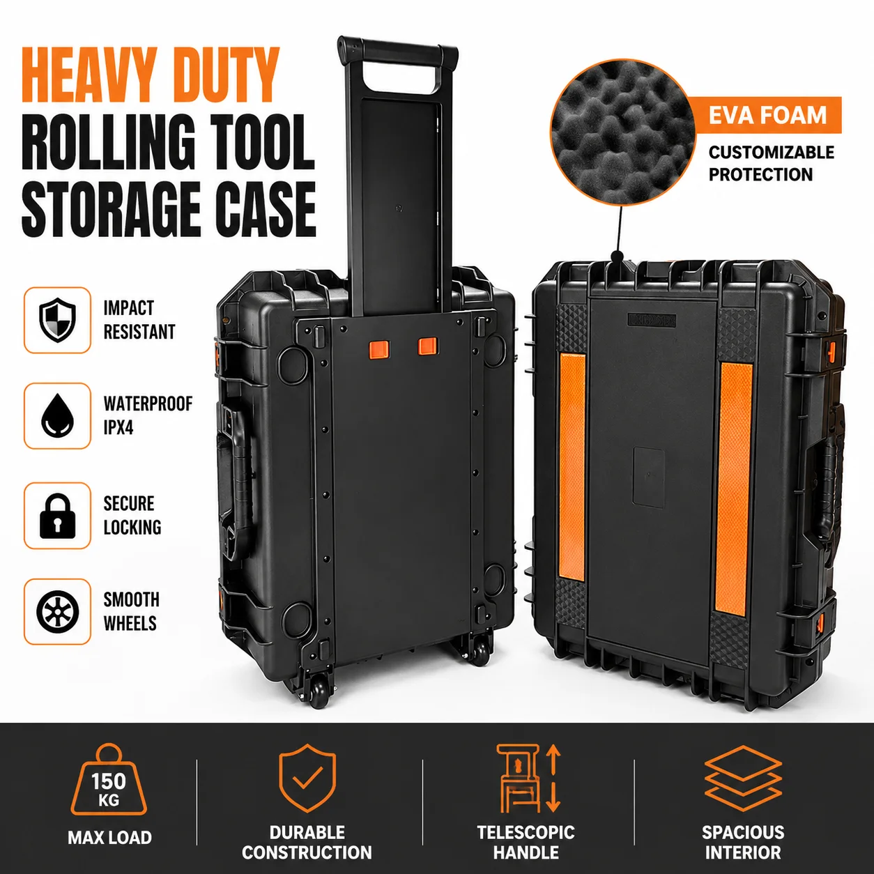 1PC Heavy Duty Rolling Hard Case Waterproof Shockproof with Wheels Customizable Instrument Safety Carrying Tool Storage Box
