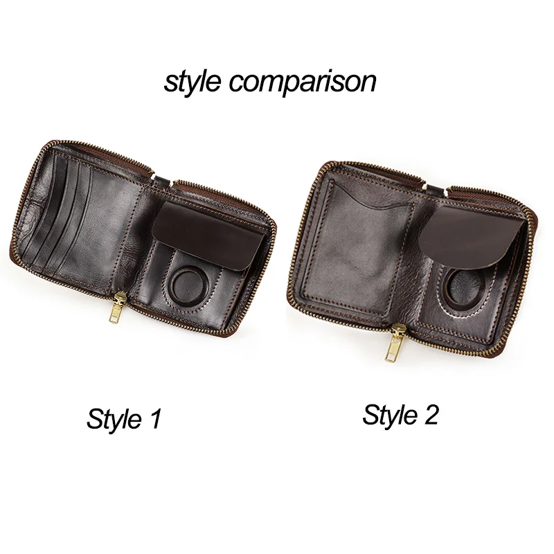 Genuine Leather Men Wallet Slim Airtag Case Design Small Coin Purse YKK Zipper Around Wallets Card Holder Clutch Male