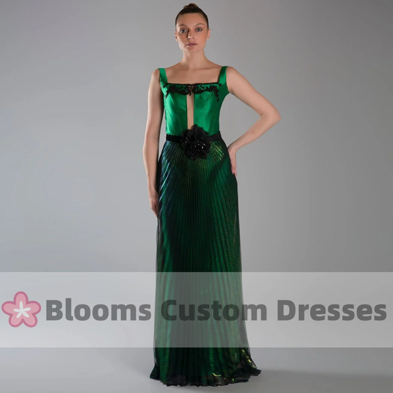 

Blooms Green Shiny Organza Long Evening Dresses 2024 Square Neck Sleeveless Custom Prom Dress Flower Formal Occasion Party Gown